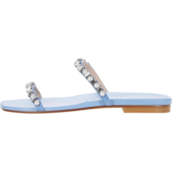 Stuart Weitzman Women's Aleena Shine Blue Leather Crystal Slide Flat Sandals 6.5 - Picture 4 of 11